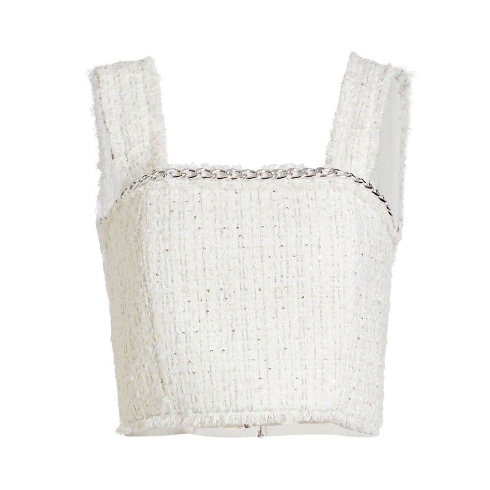Alice + Olivia "Coralie" Chain Trimmed Frayed Tweed Crop Top 🌈BNWT🌈